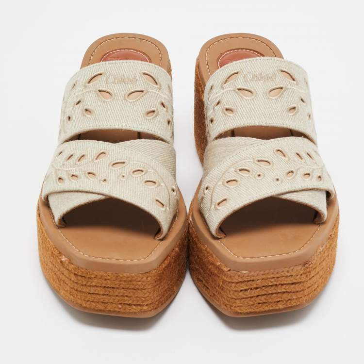Pre Owned Chloe Grey Denim Woody Wedge Espadrilles Size 38
