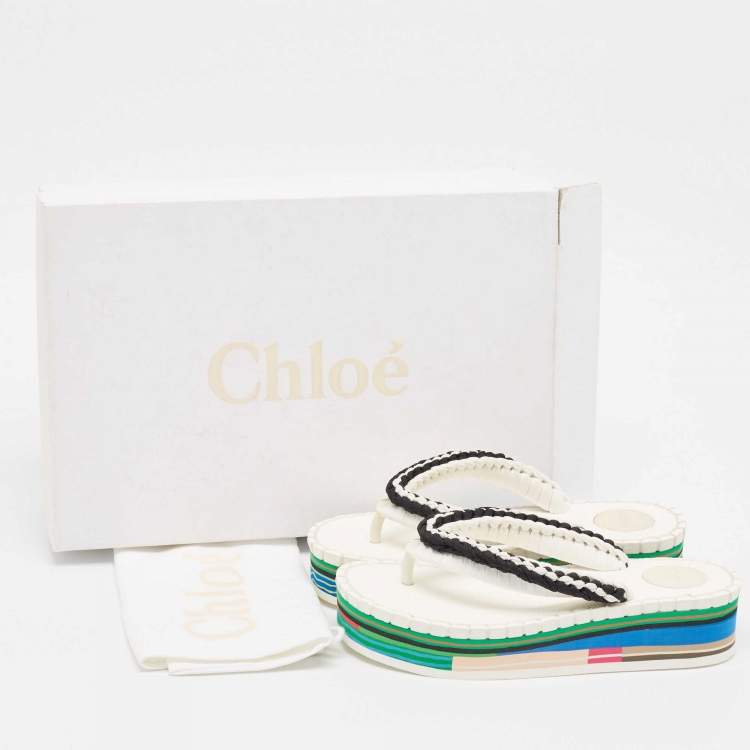 مملوكة مسبقًا Chloe White/Black Braided Fabric Lou Thong Sandals Size 37