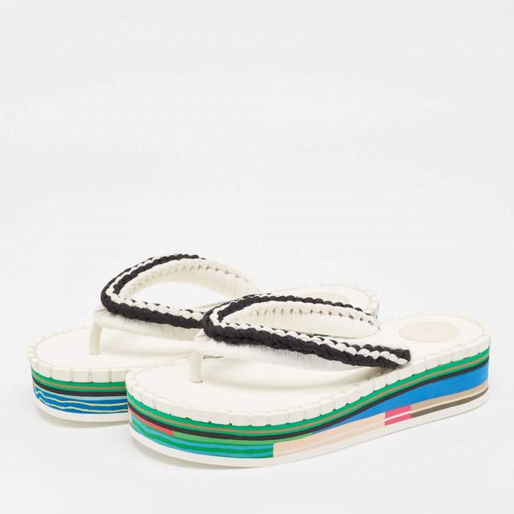 مملوكة مسبقًا Chloe White/Black Braided Fabric Lou Thong Sandals Size 37