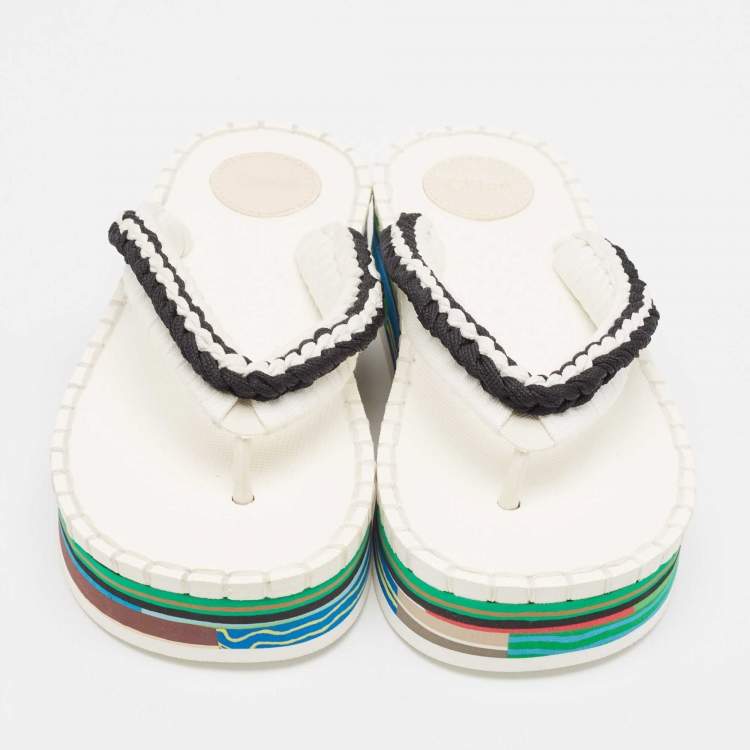 مملوكة مسبقًا Chloe White/Black Braided Fabric Lou Thong Sandals Size 37