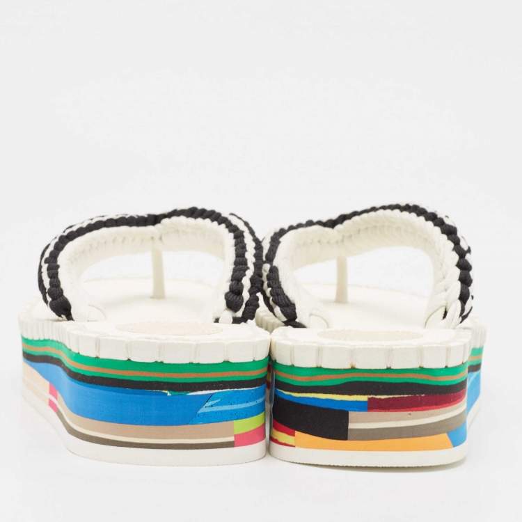 مملوكة مسبقًا Chloe White/Black Braided Fabric Lou Thong Sandals Size 37