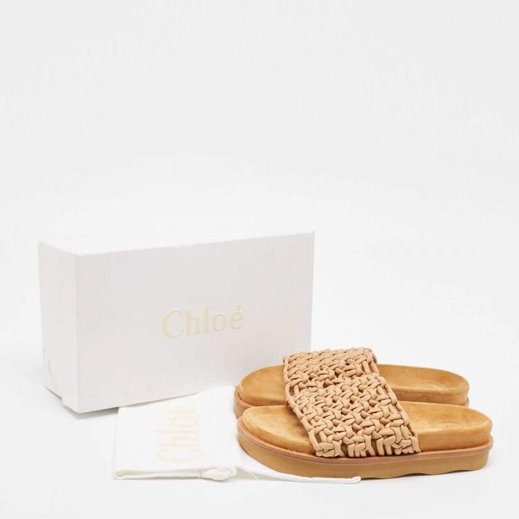 Pre Owned Chloe Beige Woven Leather Kacey Flat Slides Size 37