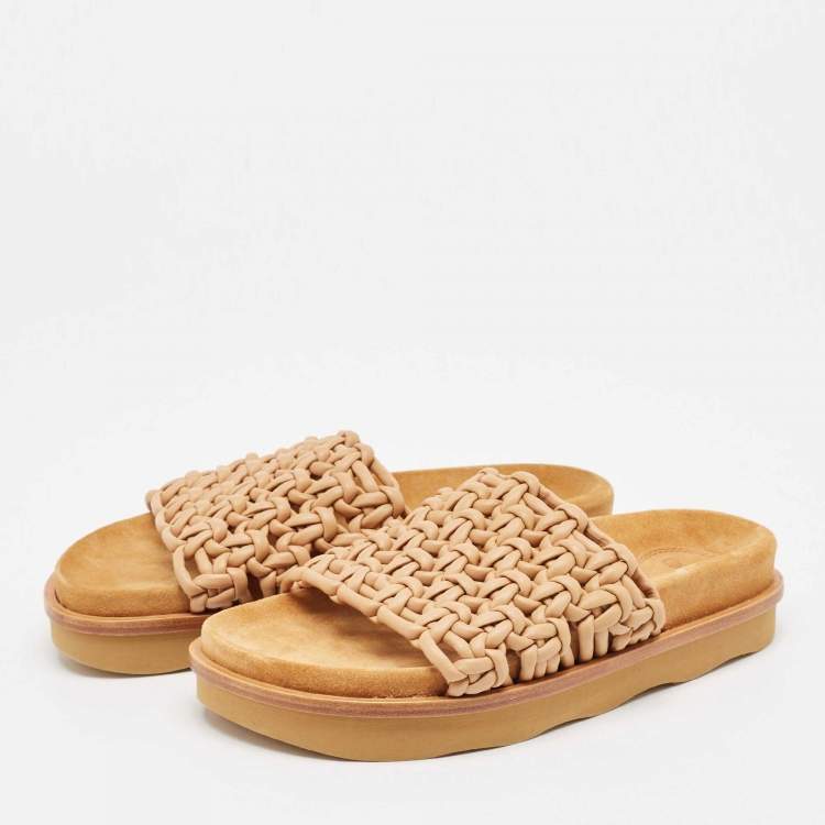 Pre Owned Chloe Beige Woven Leather Kacey Flat Slides Size 37