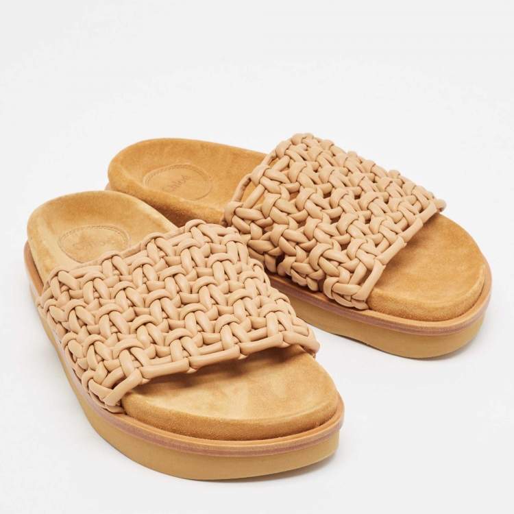 Pre Owned Chloe Beige Woven Leather Kacey Flat Slides Size 37