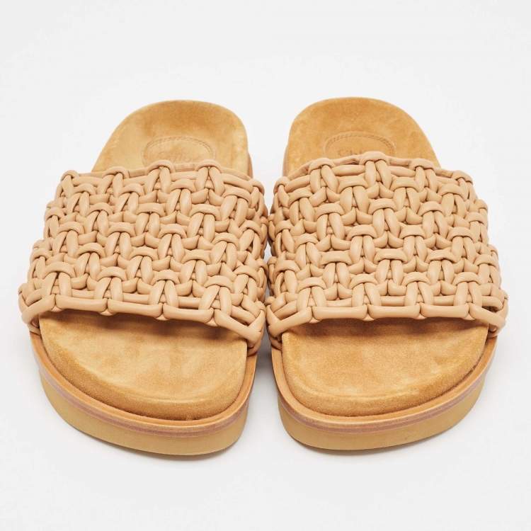 Pre Owned Chloe Beige Woven Leather Kacey Flat Slides Size 37