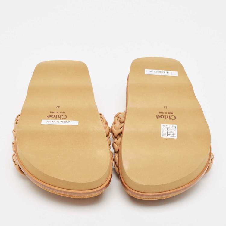 Pre Owned Chloe Beige Woven Leather Kacey Flat Slides Size 37