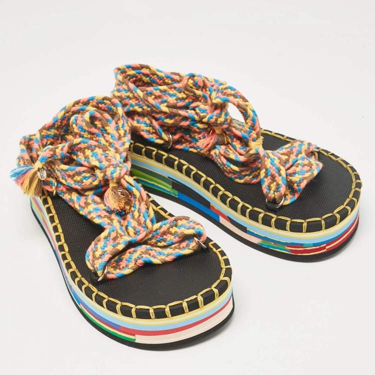 Pre Owned Chloé Multicolor Knit Fabric Ankle Strap Sandals Size 36