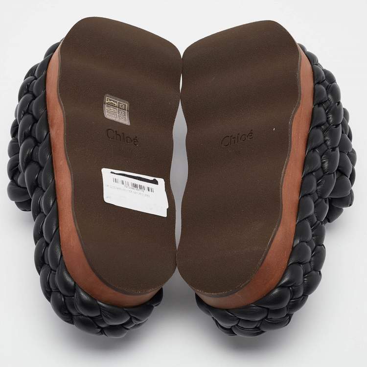 Pre Owned Chloe Black Leather Wavy Braided Flat Slides Size 38