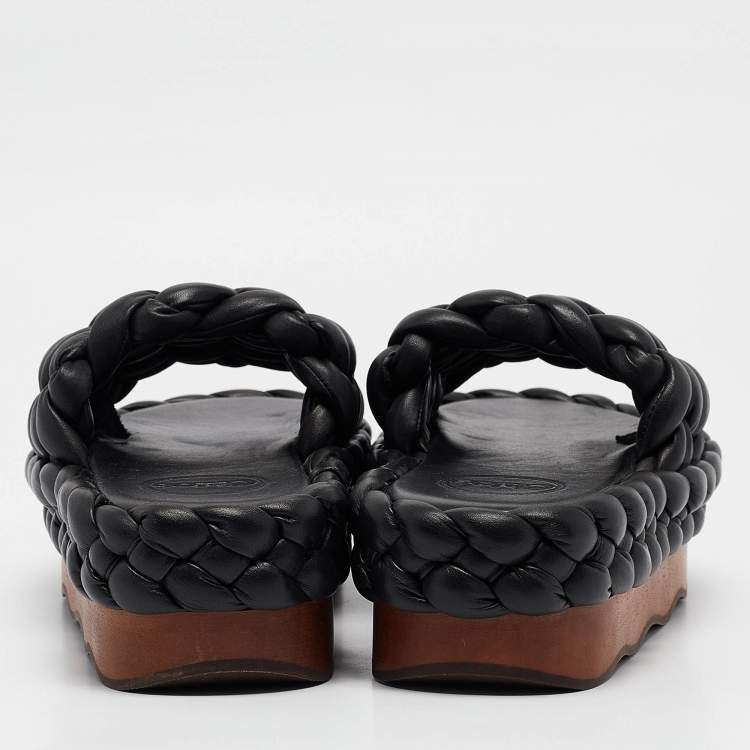 Pre Owned Chloe Black Leather Wavy Braided Flat Slides Size 38