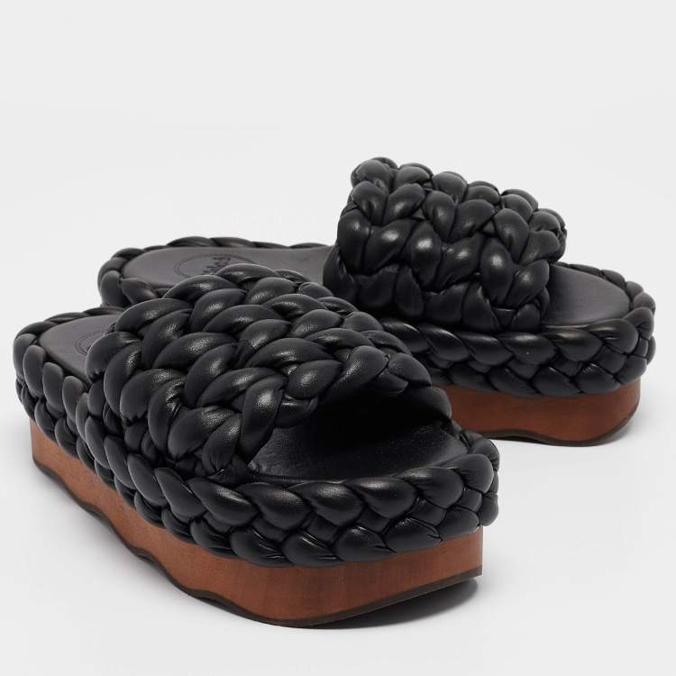 Pre Owned Chloe Black Leather Wavy Braided Flat Slides Size 38