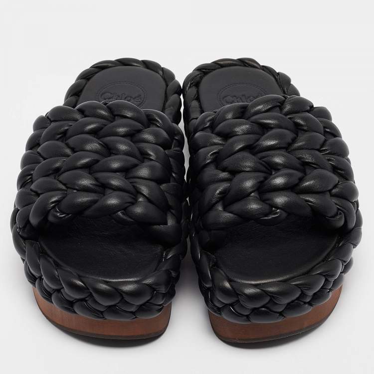 Pre Owned Chloe Black Leather Wavy Braided Flat Slides Size 38