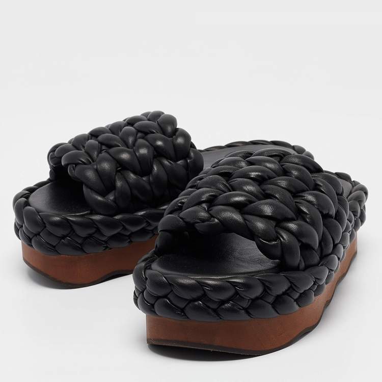 Pre Owned Chloe Black Leather Wavy Braided Flat Slides Size 38