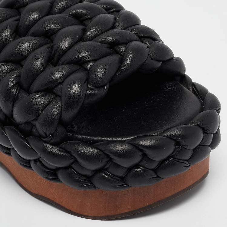 Pre Owned Chloe Black Leather Wavy Braided Flat Slides Size 38