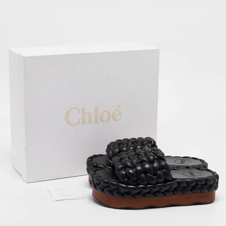 Pre Owned Chloe Black Leather Wavy Braided Flat Slides Size 38