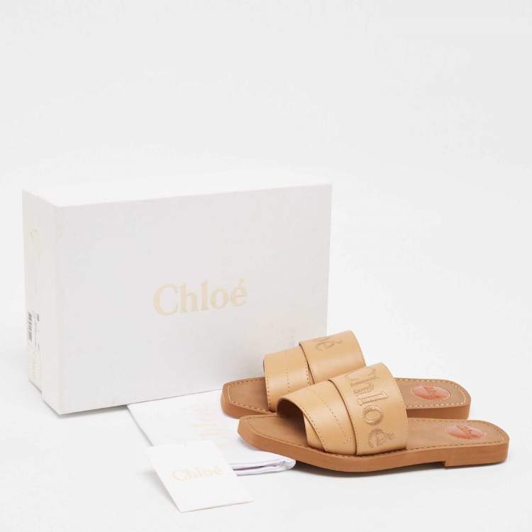 Pre Owned Chloe Light Brown Leather Logo Embroidered Woody Flat Slides Size 38
