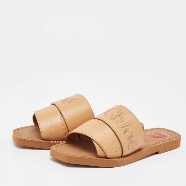 Pre Owned Chloe Light Brown Leather Logo Embroidered Woody Flat Slides Size 38