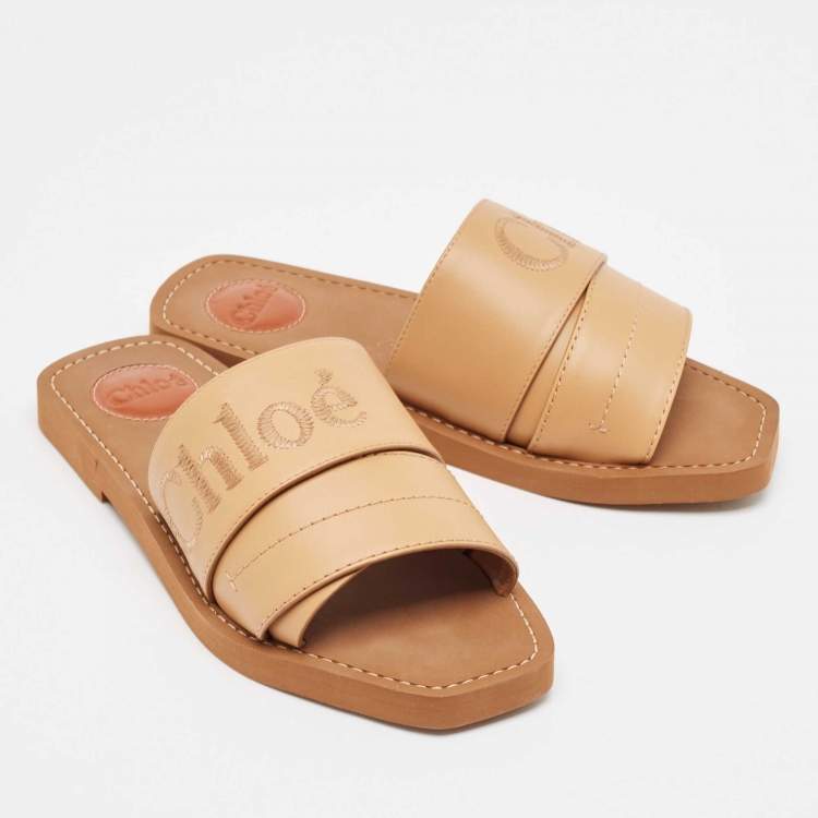 Pre Owned Chloe Light Brown Leather Logo Embroidered Woody Flat Slides Size 38