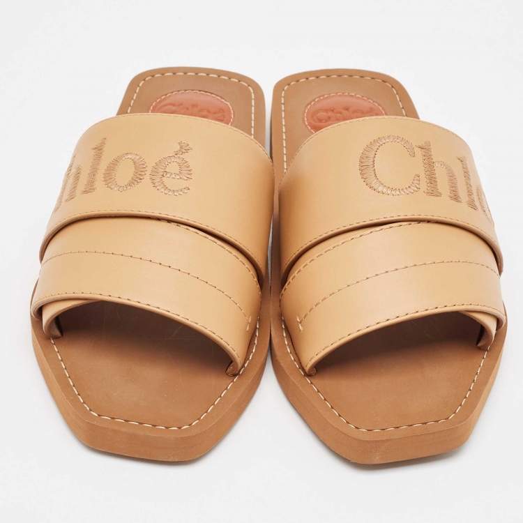Pre Owned Chloe Light Brown Leather Logo Embroidered Woody Flat Slides Size 38