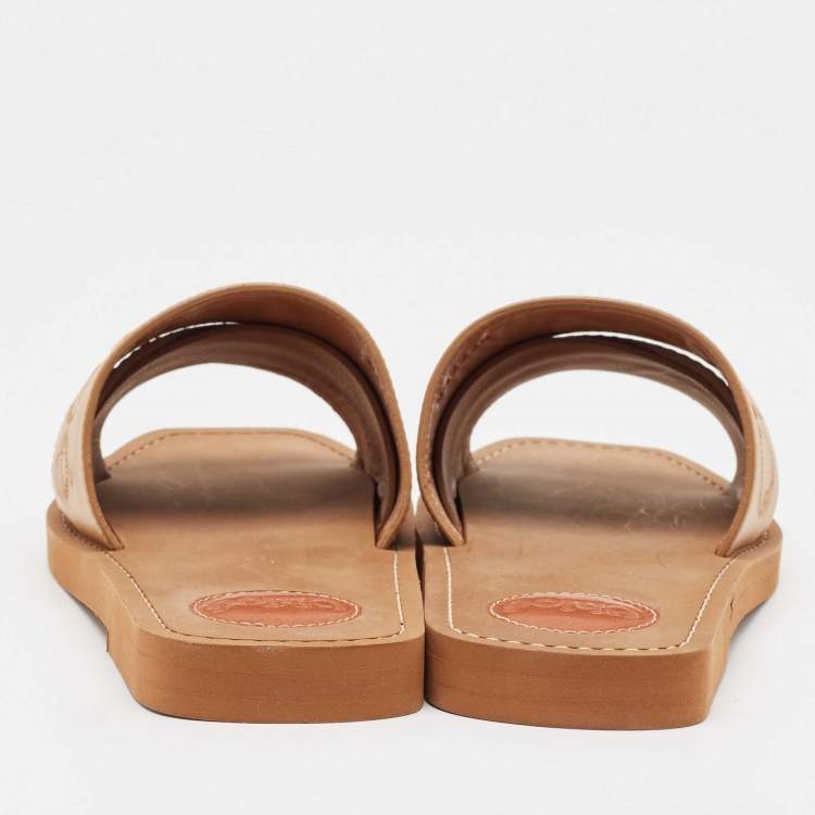 Pre Owned Chloe Light Brown Leather Logo Embroidered Woody Flat Slides Size 38