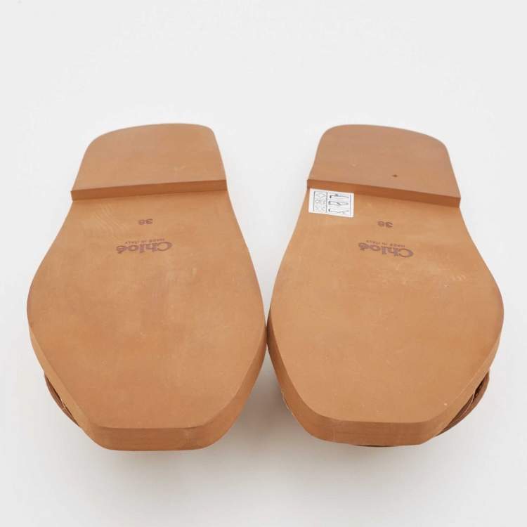 Pre Owned Chloe Light Brown Leather Logo Embroidered Woody Flat Slides Size 38