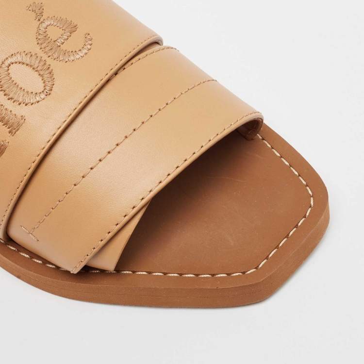 Pre Owned Chloe Light Brown Leather Logo Embroidered Woody Flat Slides Size 38