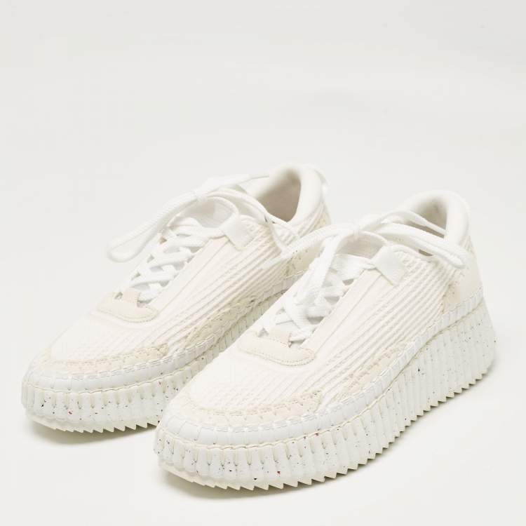 Pre Owned Chloe White Knit Fabric and Suede Nama Sneakers Size 39