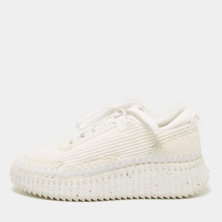 Pre Owned Chloe White Knit Fabric and Suede Nama Sneakers Size 39