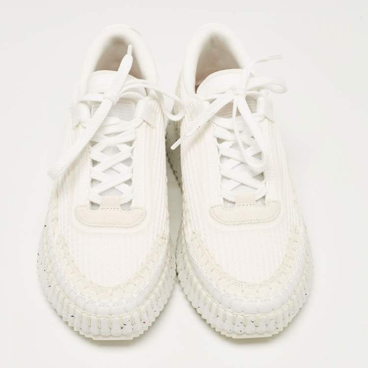 Pre Owned Chloe White Knit Fabric and Suede Nama Sneakers Size 39