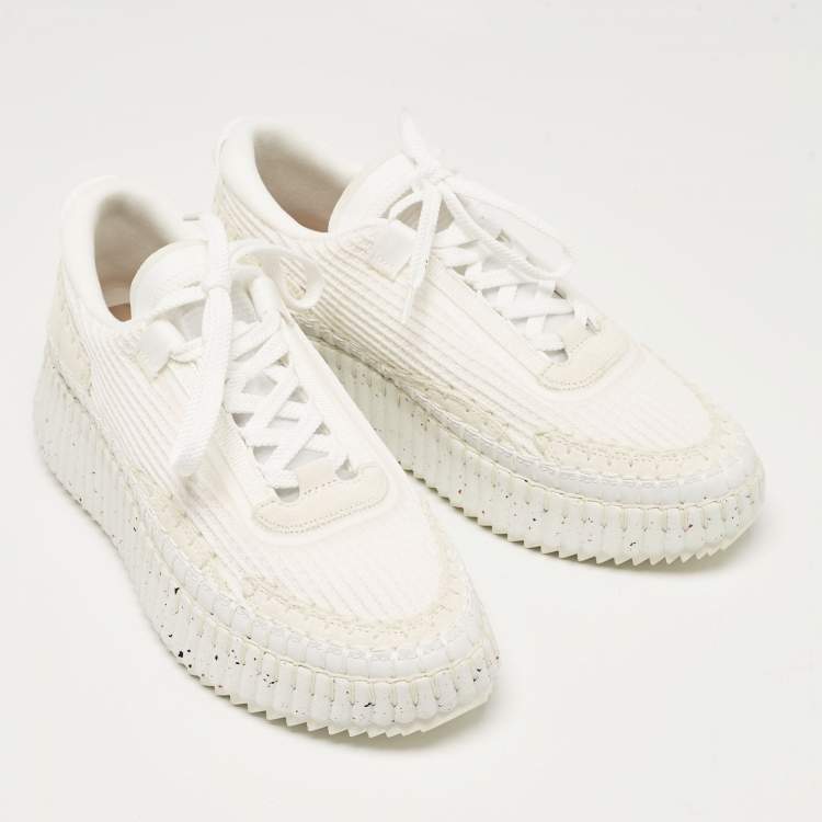 Pre Owned Chloe White Knit Fabric and Suede Nama Sneakers Size 39