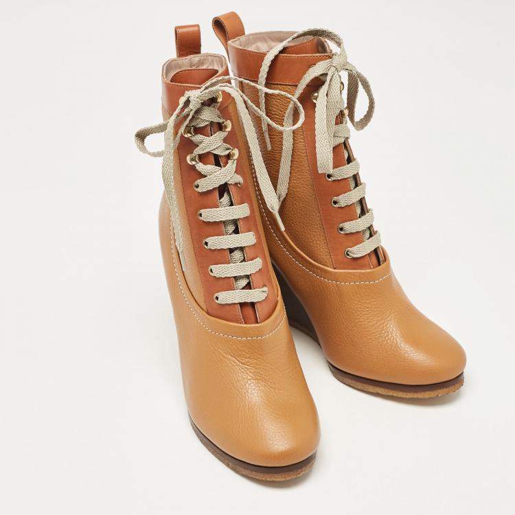 Pre Owned Chloe Brown Leather Lace Up Wedge Ankle Boots Size 37.5