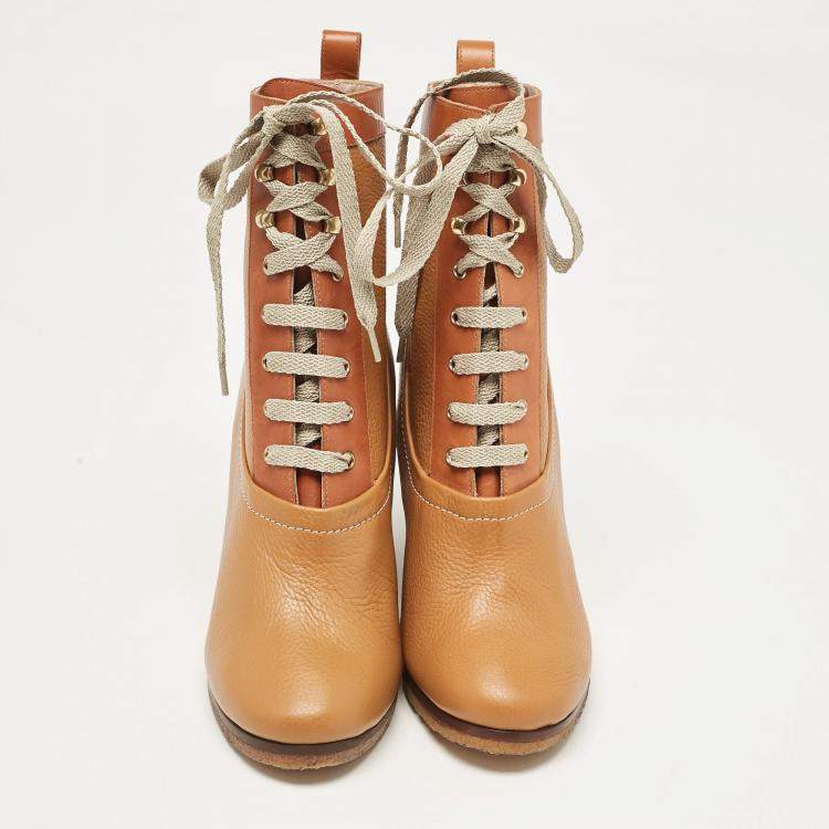 Pre Owned Chloe Brown Leather Lace Up Wedge Ankle Boots Size 37.5