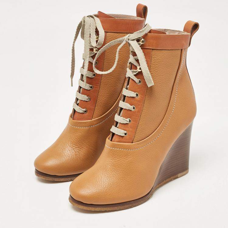 Pre Owned Chloe Brown Leather Lace Up Wedge Ankle Boots Size 37.5