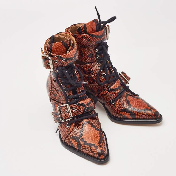 Pre Owned Chloe Brown Python Embossed Leather Rylee Ankle Boots Size 34.5
