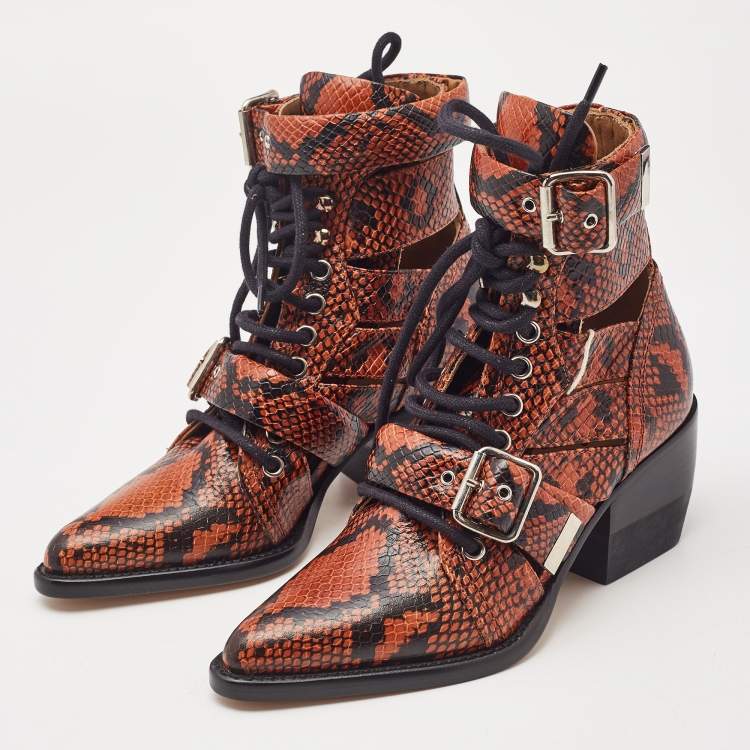 Pre Owned Chloe Brown Python Embossed Leather Rylee Ankle Boots Size 34.5