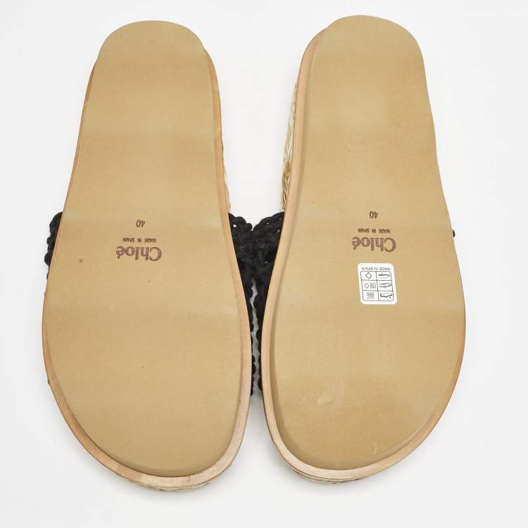 Pre Owned Chloe Black Woven Crochet Wavy Flat Slides Size 40