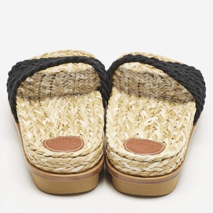 Pre Owned Chloe Black Woven Crochet Wavy Flat Slides Size 40