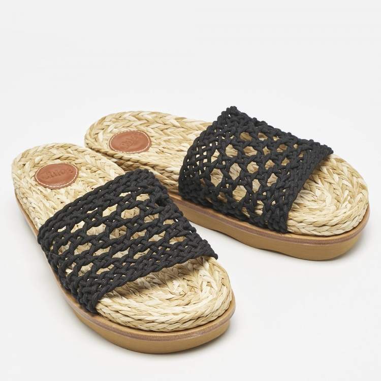 Pre Owned Chloe Black Woven Crochet Wavy Flat Slides Size 40