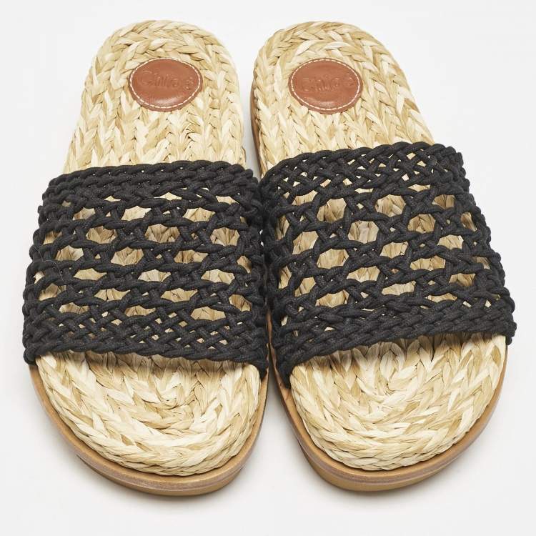Pre Owned Chloe Black Woven Crochet Wavy Flat Slides Size 40