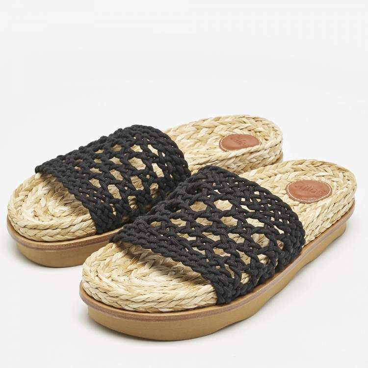 Pre Owned Chloe Black Woven Crochet Wavy Flat Slides Size 40