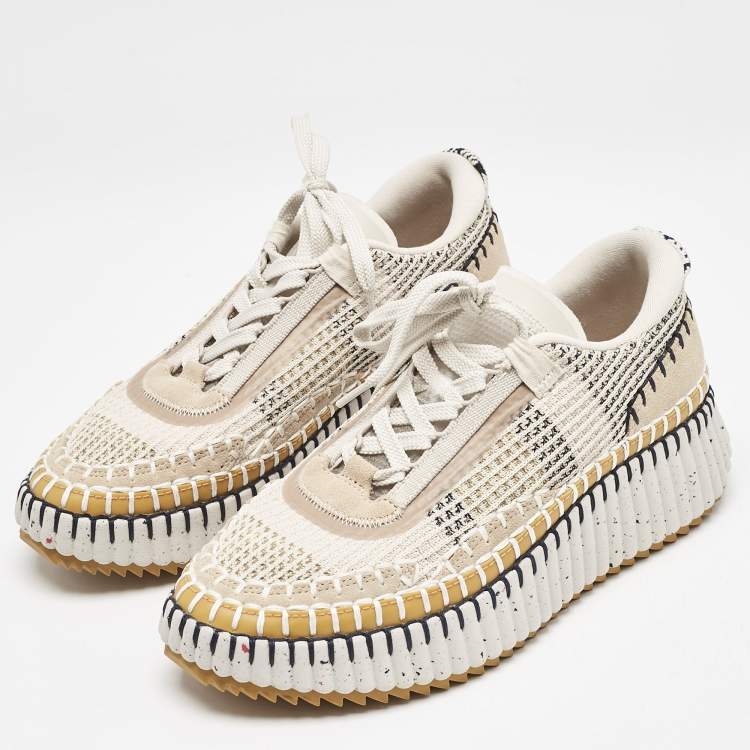 Pre Owned Chloe Multicolor Knit Fabric and Suede Nama Low Top Sneakers Size 38