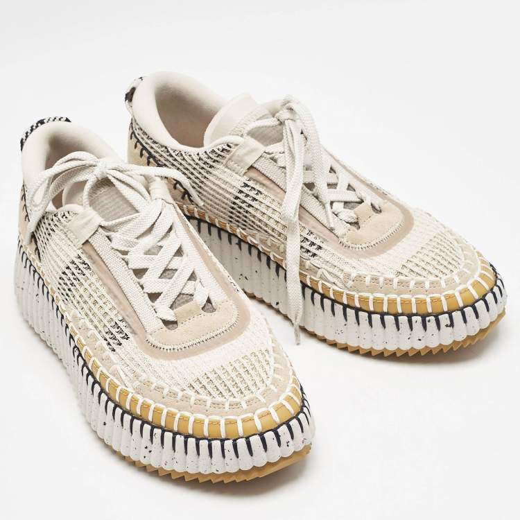 Pre Owned Chloe Multicolor Knit Fabric and Suede Nama Low Top Sneakers Size 38