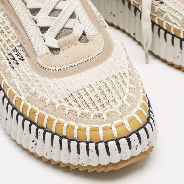 Pre Owned Chloe Multicolor Knit Fabric and Suede Nama Low Top Sneakers Size 38