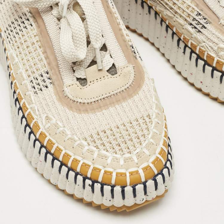 Pre Owned Chloe Multicolor Knit Fabric and Suede Nama Low Top Sneakers Size 38