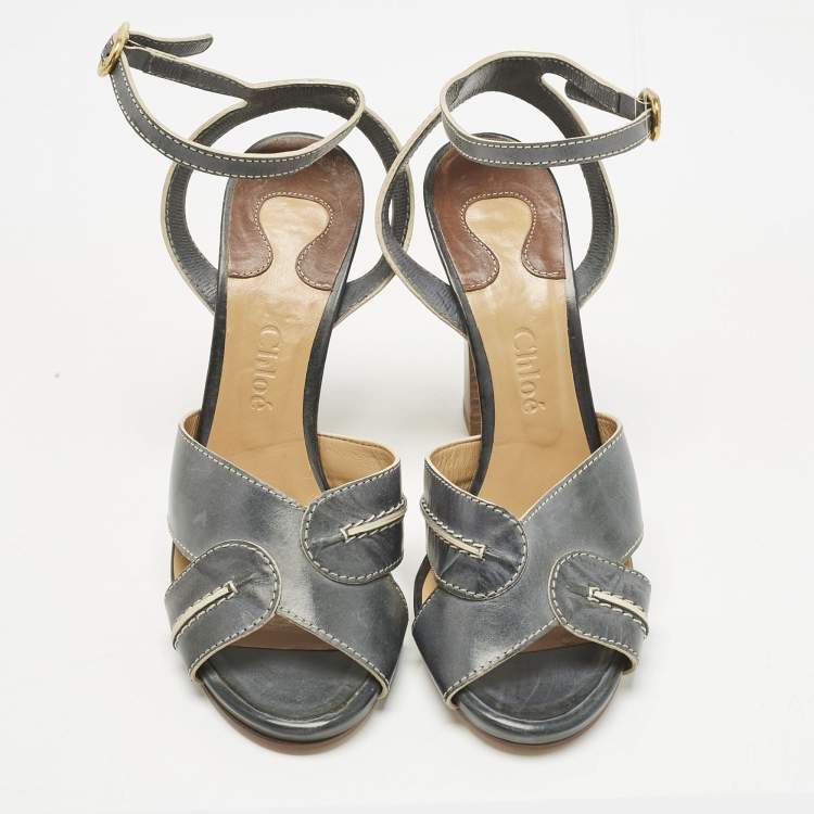 Pre Owned Chloe Grey/Beige Leather Ankle Strap Sandals Size 40