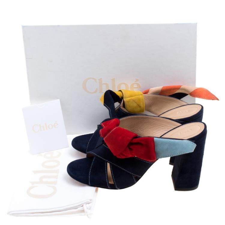 Pre Owned Chloe Navy Blue Suede Nellie Bow Mules Size 38