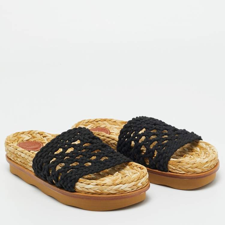 Pre Owned Chloe Black Woven Crochet Wavy Flat Slides Size 37