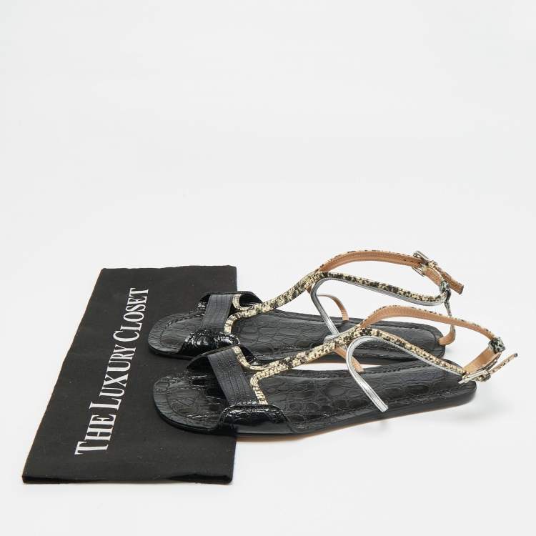 Pre Owned Chloe Multicolor Lizard Embossed and Croc Embossed Leather Ankle Strap Flats Size 38.5