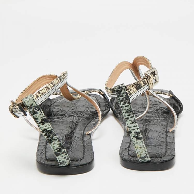 Pre Owned Chloe Multicolor Lizard Embossed and Croc Embossed Leather Ankle Strap Flats Size 38.5