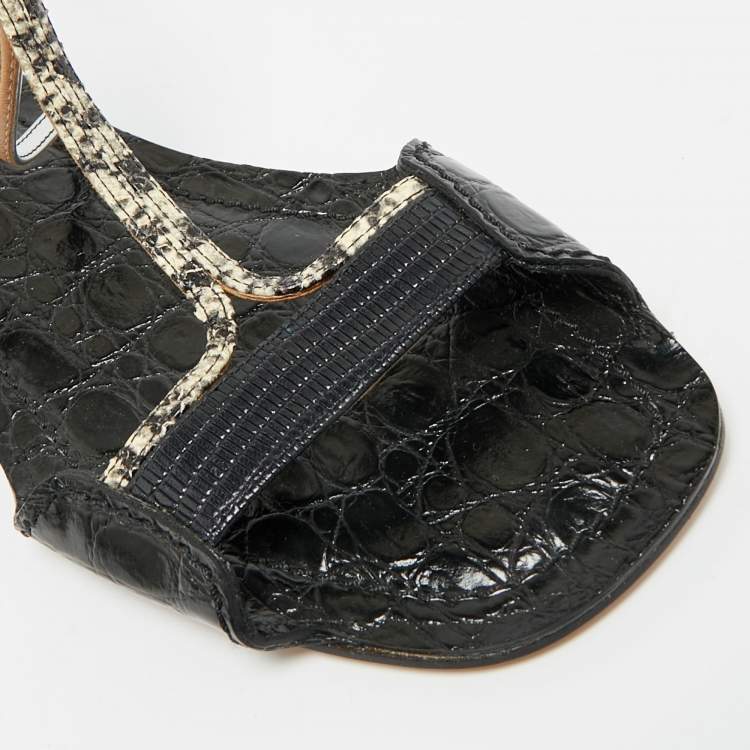 Pre Owned Chloe Multicolor Lizard Embossed and Croc Embossed Leather Ankle Strap Flats Size 38.5