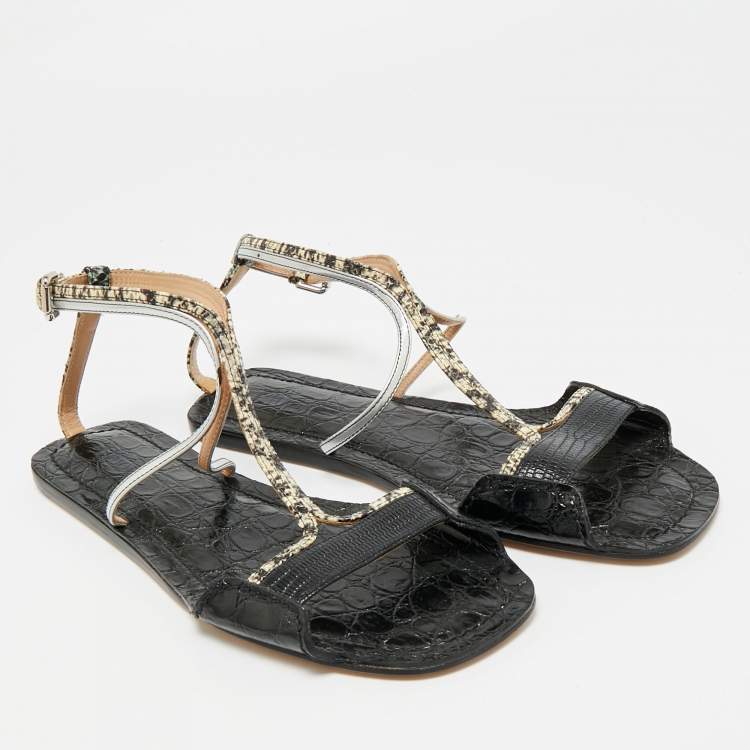 Pre Owned Chloe Multicolor Lizard Embossed and Croc Embossed Leather Ankle Strap Flats Size 38.5